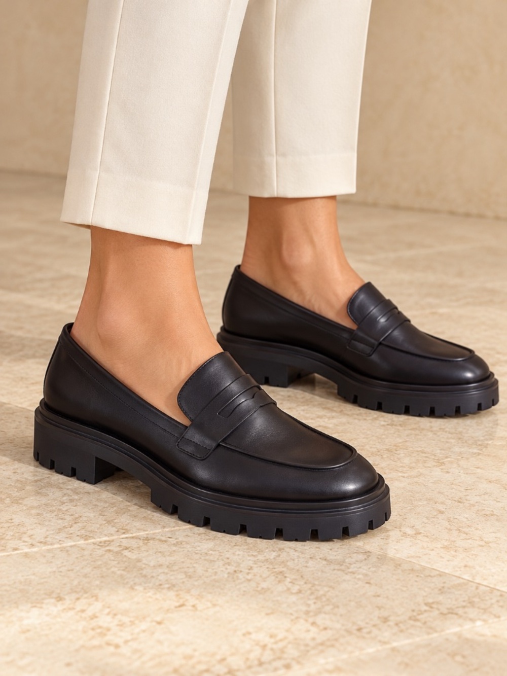 EUC Stuart Weitzman Ultra Lug Penny Loafer Smooth Black Leather US Size 8.5